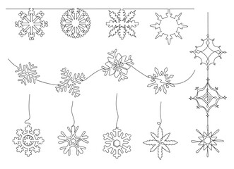 One line snowflake decoration. Snow divider, hanging flakes decorations and snowflakes on wave continuous line art vector set