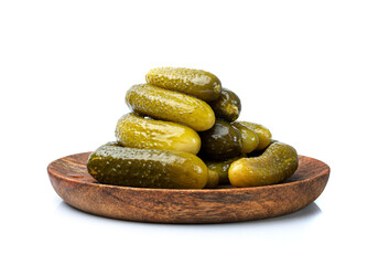 Pickled Cucumbers on Wood Plate Isolated, Fermented, Marinated Vegetables, Gherkins