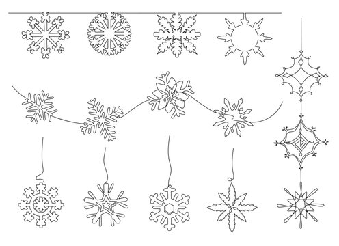 One Line Snowflake Decoration. Snow Divider, Hanging Flakes Decorations And Snowflakes On Wave Continuous Line Art Vector Set