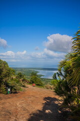 View of the coastline of the Atlantic Ocean on the island of Haiti. Green coastline turns into ocean