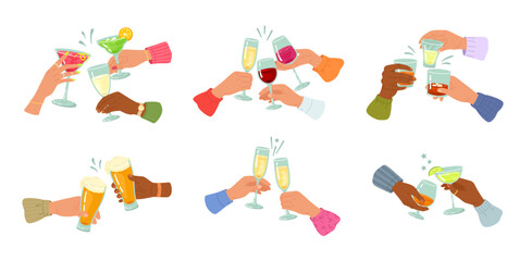 Fototapeta na wymiar Cheers hands with alcoholic drinks. Friends drink together glass of wine, alcohol cocktails or beer. Drinking toast for party vector illustration set