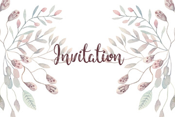 Ready to use Card. Herbal Watercolor invitation design with leaves. flower and watercolor background. floral elements, botanic watercolor illustration. Template for wedding - 541560709