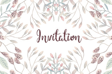Ready to use Card. Herbal Watercolor invitation design with leaves. flower and watercolor background. floral elements, botanic watercolor illustration. Template for wedding
