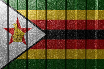 Textured flag of Zimbabwe on metal wall. Colorful natural abstract geometric background with lines. - obrazy, fototapety, plakaty