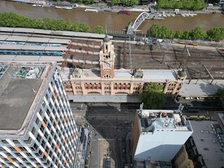 aerial view of flinders street railway station, decretive Victorian stile architecture , Melbourne...