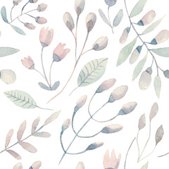 Herbal Watercolor pattern design with leaves and flowers Botanic flower and watercolor background in pastel colors on white - 541560934