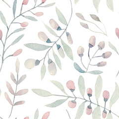 Herbal Watercolor pattern design with leaves and flowers Botanic flower and watercolor background in pastel colors on white - 541560961