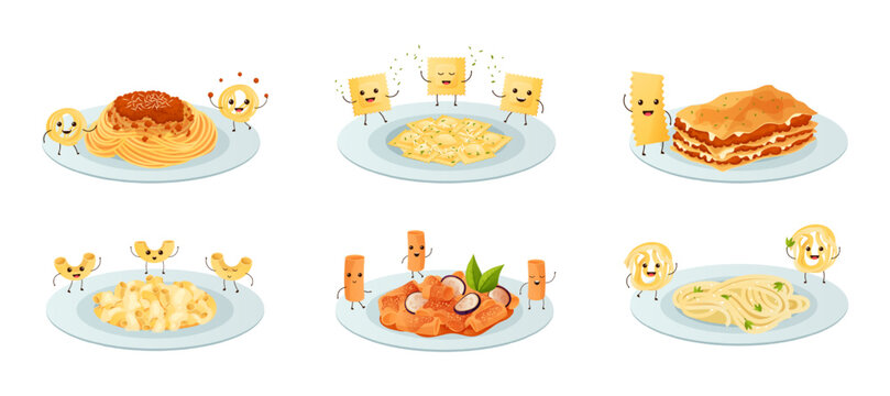 Funny pasta on plate. Happy smiling ravioli characters, lasagna on dish and funny noodle products vector Illustration set