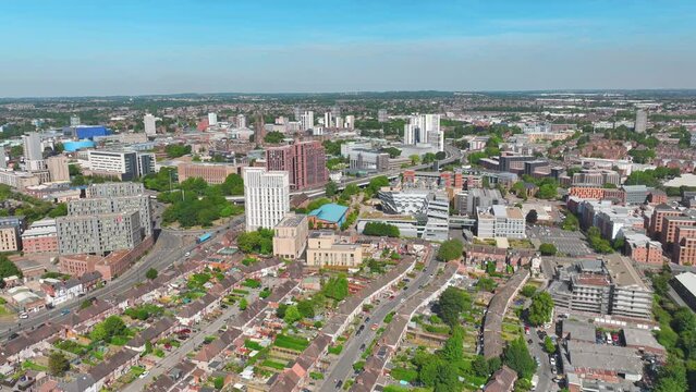 Coventry, UK: Aerial view of city in England, sunny summer day with blue sky - landscape panorama of United Kingdom from above