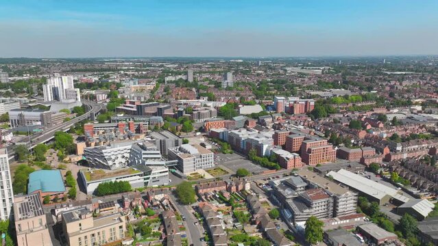 Coventry, UK: Aerial view of city in England, sunny summer day with blue sky - landscape panorama of United Kingdom from above