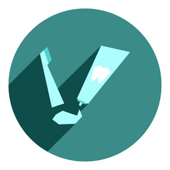flat icon of toothbrush and toothpaste. blue icon in flat style with long shadow of abstract toothbrush and paste. icon for dentistry. web browser icon.
