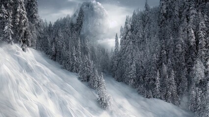 Winter mountain landscape. Snowy forest in the mountains, winter background. Avalanche in the forest mountains. Frozen forest, firs, trees, snow, slopes in the snow. 3D illustration.