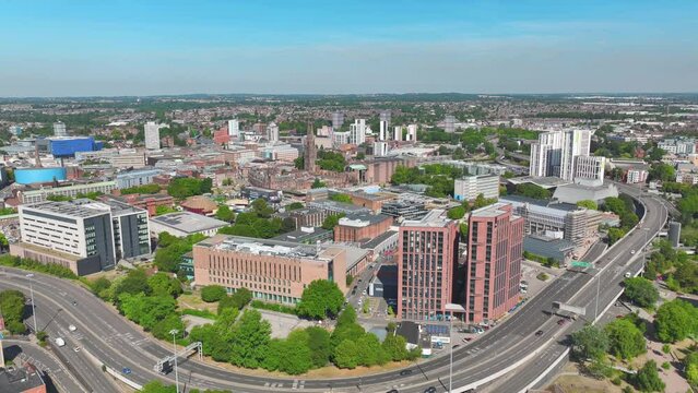 Coventry, UK: Aerial view of city in England, sunny summer day with blue sky - landscape panorama of United Kingdom from above