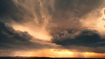 a supercell storm / thunderstorm with dark clouds and rain far away in the distance on an open farming field
