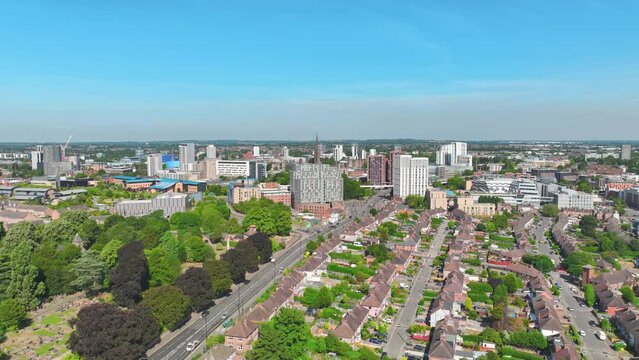 Coventry, UK: Aerial view of city in England, sunny summer day with blue sky - landscape panorama of United Kingdom from above