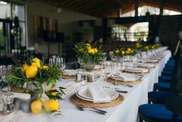 Decorated wedding banquet hall in classic style.