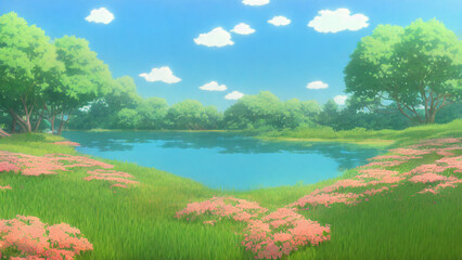 Illustration of a sunny lakeside landscape