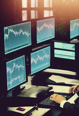 stock market office charts trading computer business work monitors patterns
