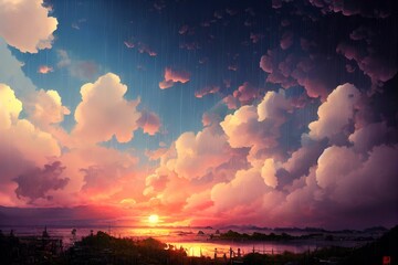 Digitale kunst van een landschap bij een zonsondergang met roze wolken in de blauwe lucht