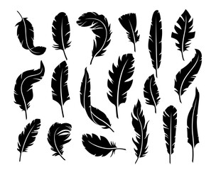 Stencil feather. Soft plume silhouettes, vintage handwriting pen and light decorative bird wing feathers vector symbols set
