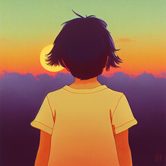 Kind schaut Sonnenuntergang