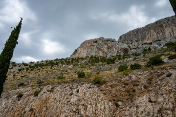 Fototapeta na wymiar Beautiful rocky landscape of Dinara mountain cliffs, high on the mountain above Adriatic sea of Croatia, with scarse trees growing in the dry grass planes