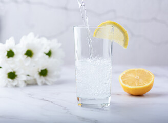 Refreshing mineral water is poured into a glass with a slice of lemon.