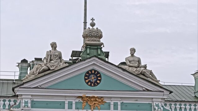 Aerial view of Hermitage museum. Sculptures on the roof of the building. Saint Petersburg Russia 