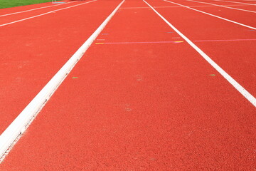 Track lines for running at a Stadium. Empty. One summer day. Bålsta, Stockholm, Sweden.