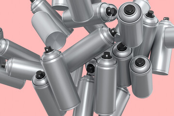 Lots of flying spray paint cans on pink background. Spray bottle and dispenser