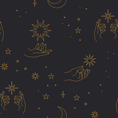 Seamless pattern with constellations. Sun, moon, magic hands and stars. Mystical esoteric background for design. Astrology magical vector.