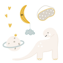 Set of stickers for children, vector illustration sleep mask, planet, crescent moon and cloud, dinosaur in Scandinavian style