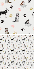 Seamless Husky dog pattern, holiday texture. Square format, t-shirt, poster, packaging, textile, socks, textile, fabric, decoration, wrapping paper. Trendy hand-drawn Husky dog wallpaper.
