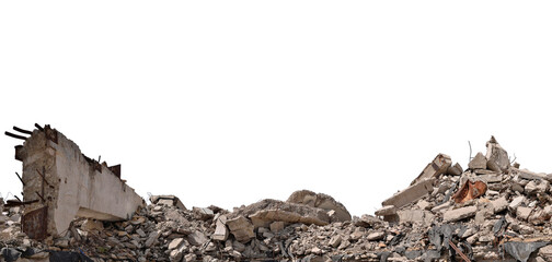 Panorama. A pile of concrete gray debris of a destroyed building with a huge beam in the foreground isolated on a white background - obrazy, fototapety, plakaty