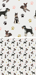 Seamless mini Schnauzer dog pattern, holiday texture. Square format, t-shirt, poster, packaging, textile, socks, textile, fabric, decoration, wrapping paper. Trendy hand-drawn Schnauzer dog wallpaper.