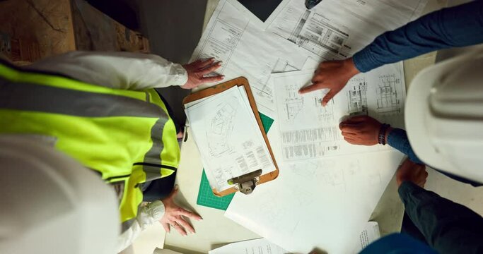 Architect, hands and team in planning above for construction, building or blueprint layout on office table. Group of people in architecture design, engineering or meeting discussion for project plan