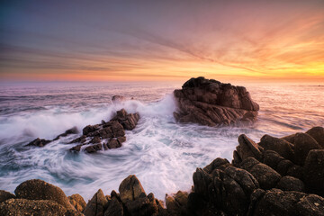 Sunrise on the coastline of Monterey, Monterey Bay, California. 