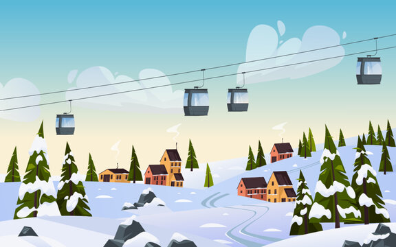 Ski resort scenery with cableway or cable railway.