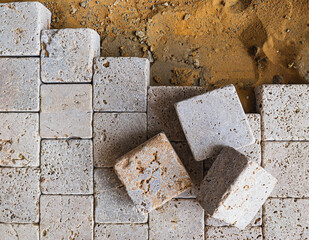 pavement pavestone paving bricks stone bricks placing, sidewalk works