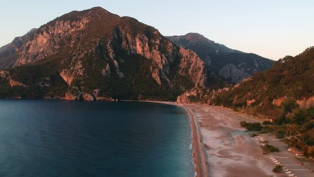View from above to Cirali beach and Olimpos mountain in a sunset light. Kemer, Antalya, Mediterranean region, Turkey, Lycia.