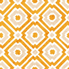 Seamless geometric pattern. Grunge vintage texture. Orange rhombuses drawn with paint on a white background. Vector illustration.