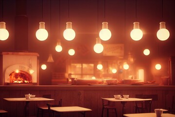 Cozy cafe in the evening with tables under large hanging lamps 3d illustration - obrazy, fototapety, plakaty