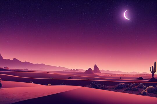 Night With A Starry Lilac Sky Over A Deserted Desert With Rare Green Cacti, Rocks And Dry Desert Land 3d Illustration