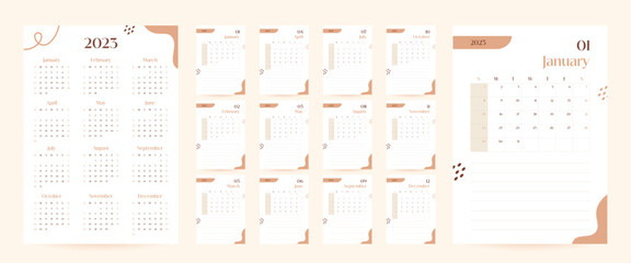Monthly wall calendar 2023 template in trendy minimalist Style, cover concept, week starts on sunday, 2023 minimal calendar planner design for printing template in beige