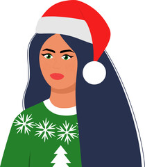 Young beautiful brunette woman in christmas santa hat and sweater with snowflakes and christmas tree.