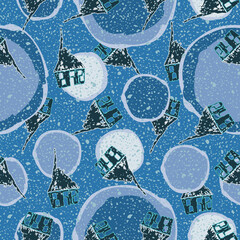 Abstract snow balls seamless vector pattern illustration in shades of blue with cute houses and falling snow. Great for seasonal wrapping paper, decorations and greeting cards.