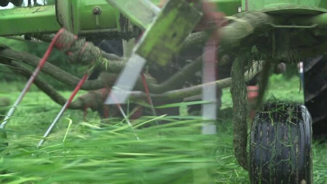 Mowing the grass - worker is driving red tractor, mowing the grass in the public park. Agriculture concept.