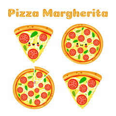 Funny cute happy pizza margherita characters bundle set. Vector hand drawn doodle style cartoon character illustration icon design. Cute pizza margherita mascot character collection