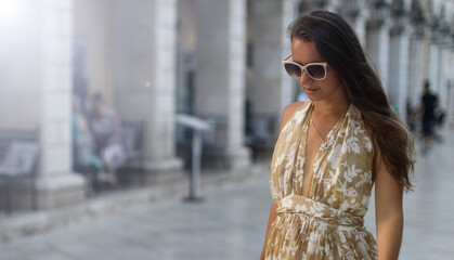 Fototapeta premium Woman waling Historic centre of Corfu town