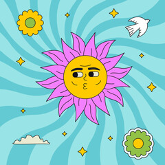 Bright groovy illustration with funky sun. Vector trendy outlined patch.